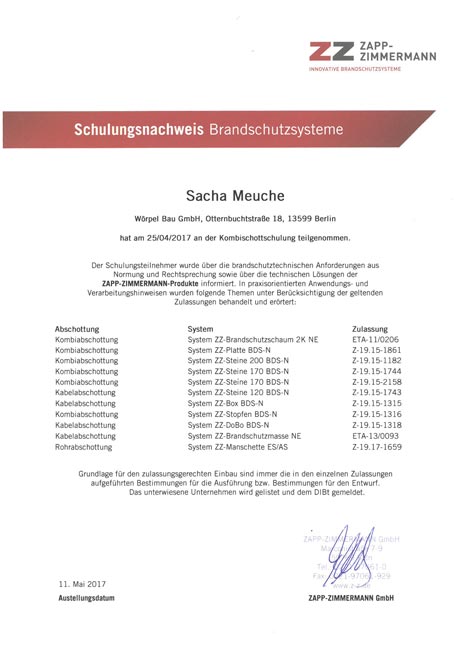 Schulungsnachweis Brandschutzsysteme Teilnehmer Sacha Meuche