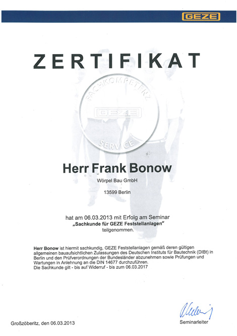 zum Vergrößern Klicken Zertifikat Frank Bonow GEZE Feststellanlagen