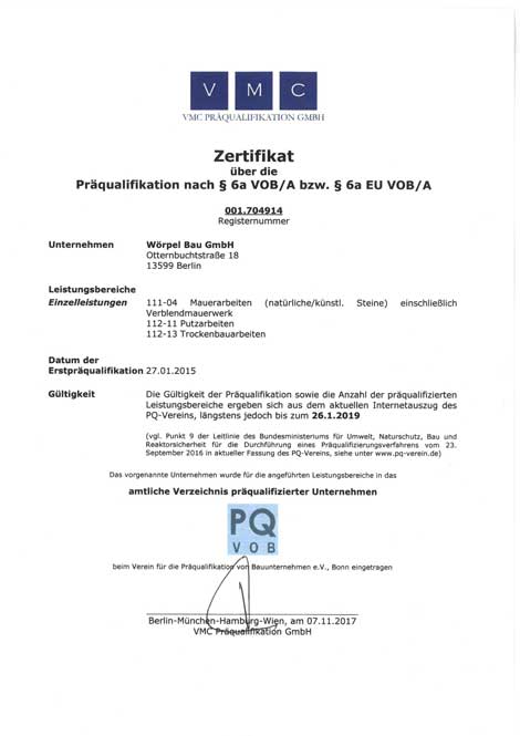 Zertifikat Präqualifikation
