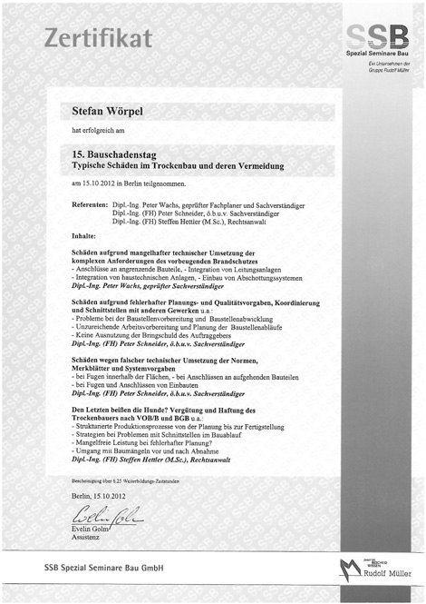 zum Vergrößern Klicken Zertifikat Stefan Wörpel 15. Bauschadenstag